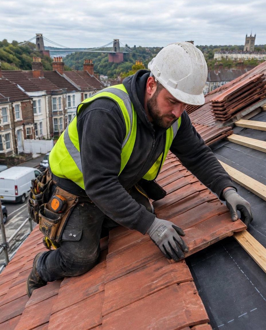 DP Roofing & Guttering roofer laying clay tiles in Bristol