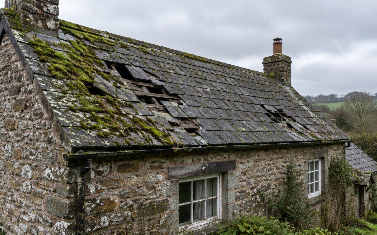 Cottage roof before, with moss and missing slates