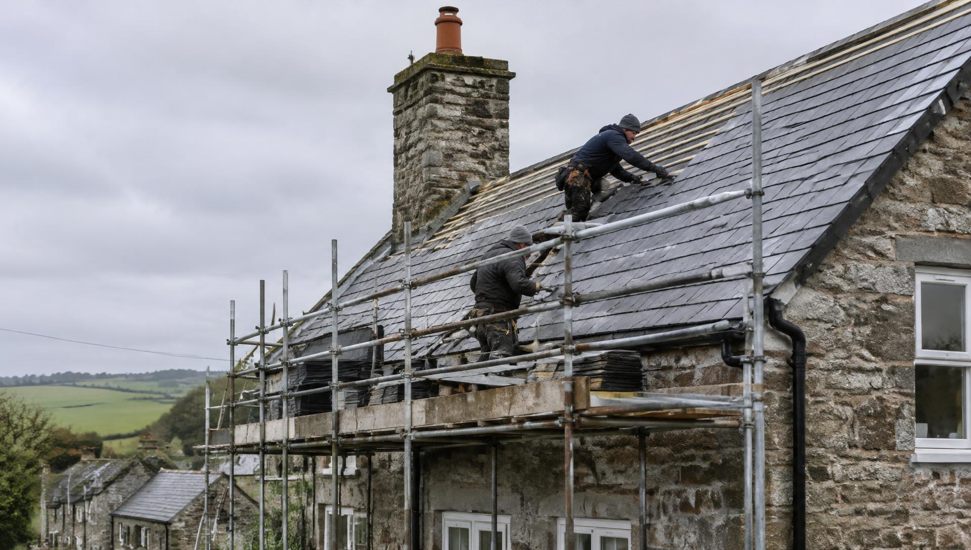 Roofers re-slating a stone cottage roof in Devon